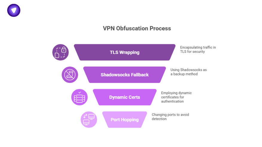 Infographic showing VPN obfuscation process steps including TLS wrapping, Shadowsocks fallback, dynamic certs, and port hopping for security.