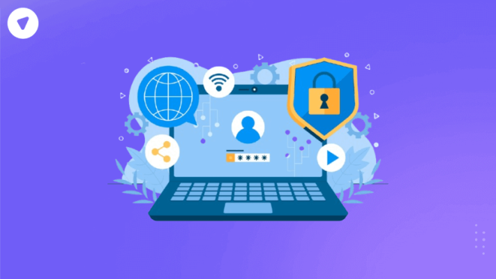 Illustration of VPN obfuscation concept with a laptop, internet icons, padlock shield, and user login symbols for secure connections.