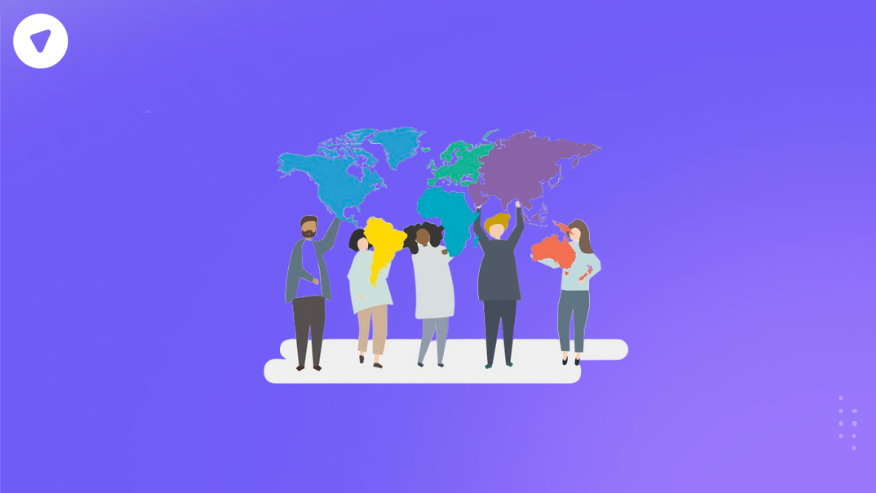 Illustration for tech reseller ideas in 3rd world countries showing diverse people standing in front of a colorful world map, symbolizing global community and local entrepreneurship.