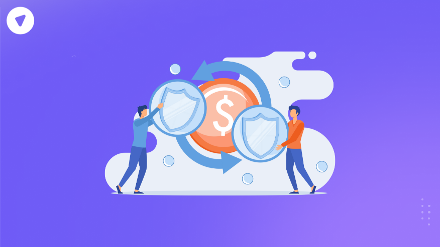 Two people exchanging shield icons in front of a dollar sign, symbolizing online security and money flow, with the concept ‘is reselling legal?