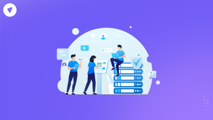 Illustration showing a team managing digital infrastructure, symbolizing backend operations and secure data services for white label ISPs.