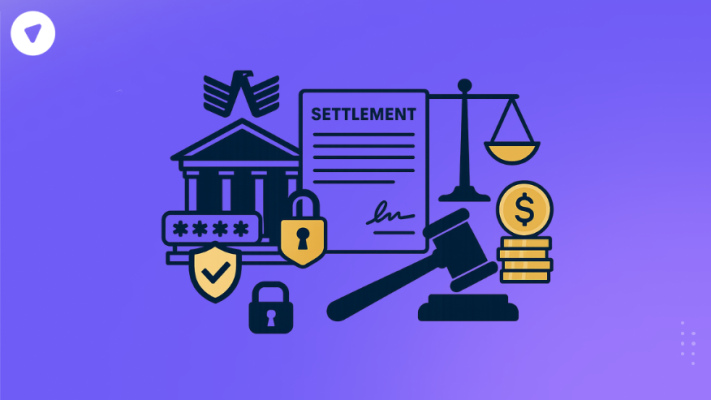 Illustration representing the USAA data breach settlement with legal, financial, and cybersecurity symbols like courthouse, lock, gavel, and balance scale.