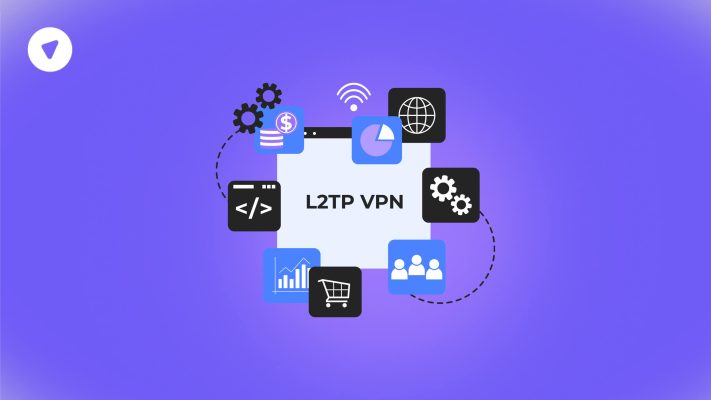 Illustration showing various business and tech icons surrounding the text 'L2TP VPN' on a purple background, representing steps on how to configure L2TP VPN for secure connectivity.