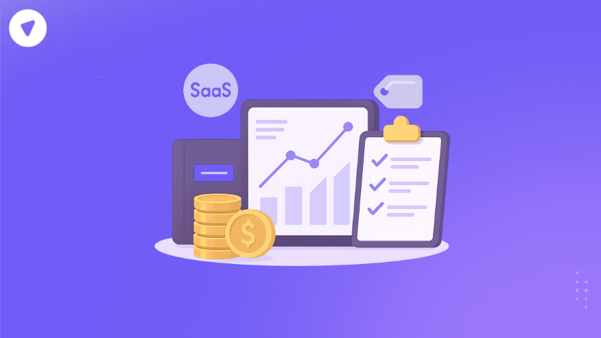 SaaS cost analysis illustration showing stacked coins, growth chart, checklist, and analytics dashboard on a purple background.