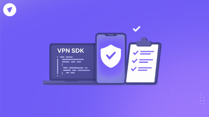 Laptop with vpn sdk, mobile phone with security icon and a notepad with checklist