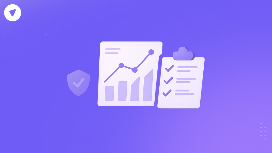 Cybersecurity market report illustration showing growth chart and checklist representing market analysis and compliance tracking.