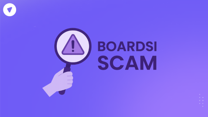 Illustration showing a magnifying glass with an alert icon and the text “Boardsi Scam,” highlighting concerns and investigations about the Boardsi scam.