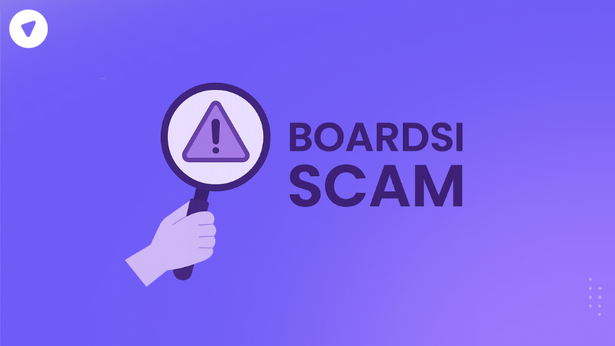 Illustration showing a magnifying glass with an alert icon and the text “Boardsi Scam,” highlighting concerns and investigations about the Boardsi scam.