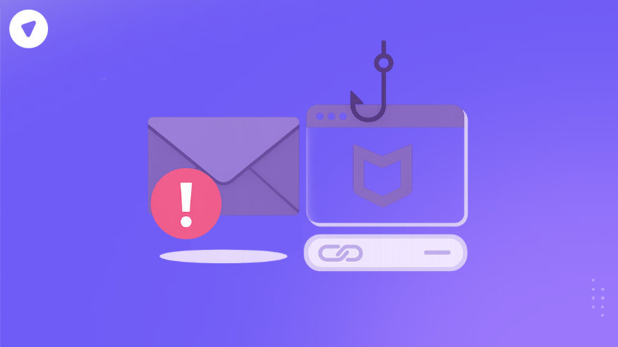 Illustration representing a McAfee scam email with a phishing hook targeting an email and browser window, highlighting email-based cyber threats.