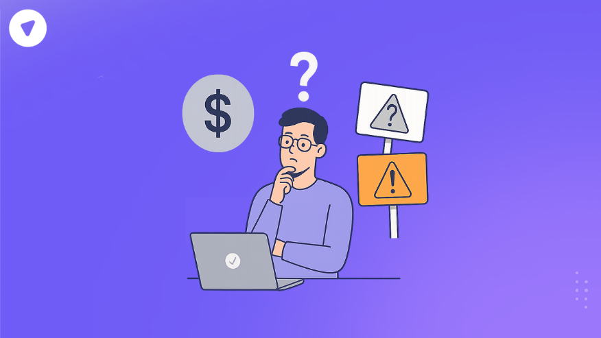Illustration of a person sitting at a laptop with question and warning signs, representing confusion and risk in the vector marketing scam discussion.