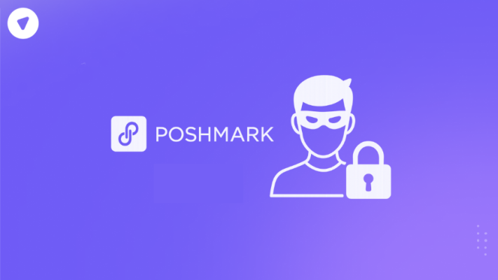 Illustration of Poshmark scams showing a masked person icon with a padlock symbol on a purple background.