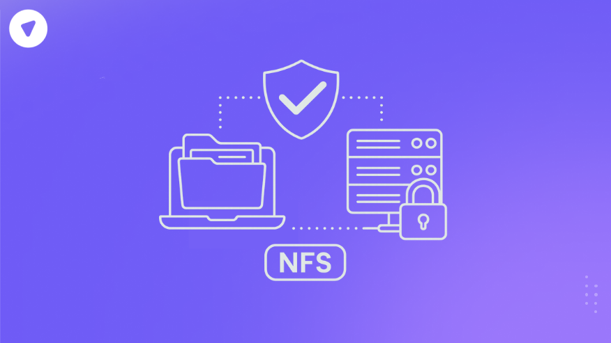 Illustration showing NFS meaning with secure file sharing between a laptop and server, protected by a shield icon.