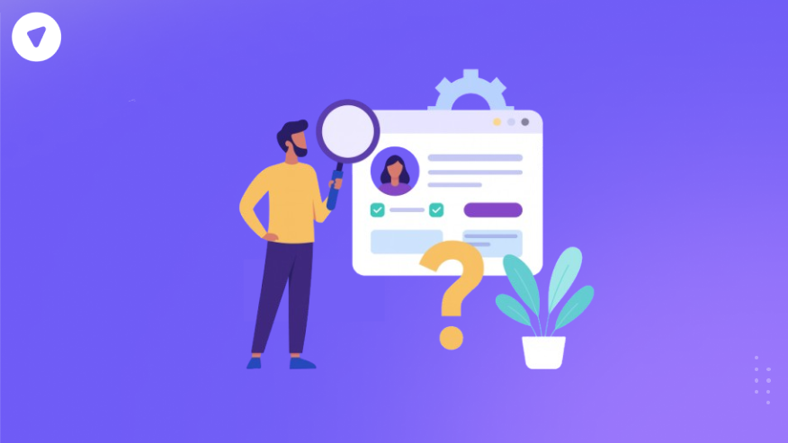 Illustration of a professional analyzing user profile details on a client management interface with a magnifying glass.