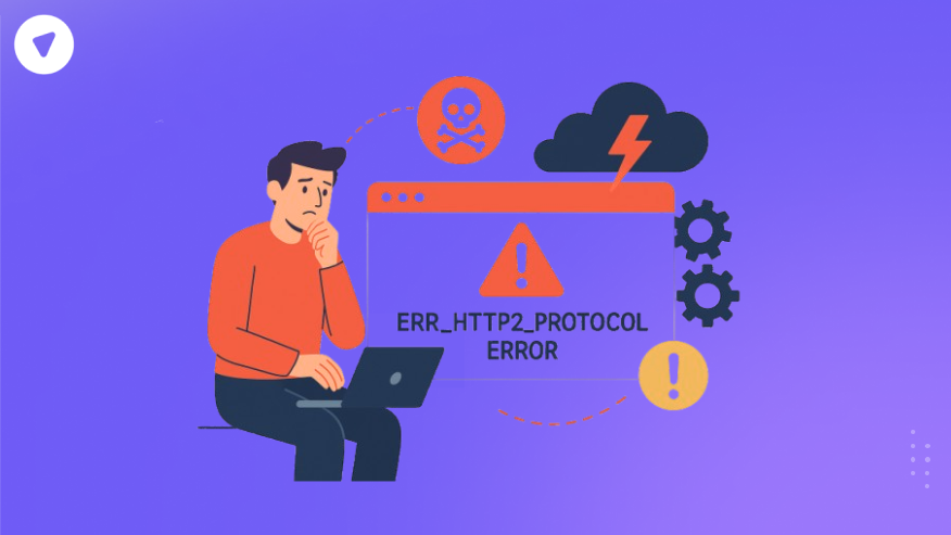 Illustration of a concerned person facing err_http2_protocol_error on a laptop, with warning icons, gears, and storm cloud in the background.