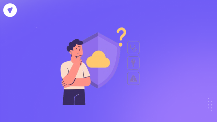 Illustration of a person thinking about cloud-based advanced threat protection, with a shield and cloud icon in the background.