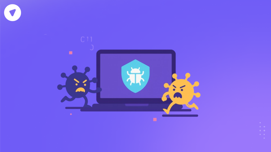 Illustration of two cartoon-style viruses attacking a laptop, representing an infector virus targeting computer systems.