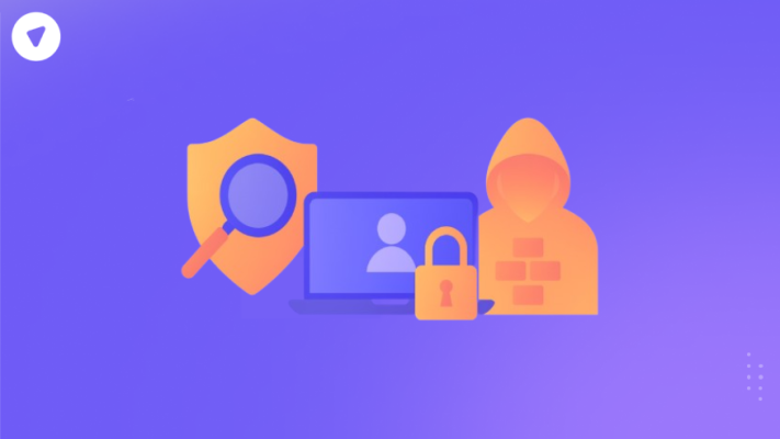 Illustration showing intrusion detection system security with a shield, magnifying glass, laptop, lock, and hooded hacker icon.