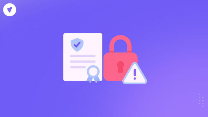 Minimalistic SSL certificate, padlock, and warning icon illustration representing ERR_SSL_PROTOCOL_ERROR prevention through proper certificate setup.