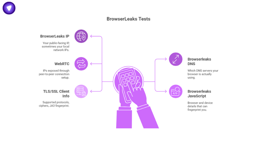 Overview of BrowserLeaks tests for IP, WebRTC, TLS/SSL client info, DNS, and JavaScript fingerprinting.