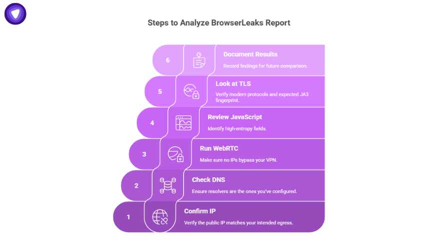 Step-by-step guide to analyze a BrowserLeaks report, covering IP, DNS, WebRTC, JavaScript, TLS, and documentation.
