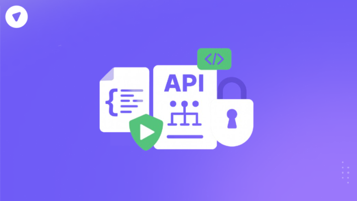 Illustration showing secure integration with PureVPN APIs using shield, lock, and coding symbols.