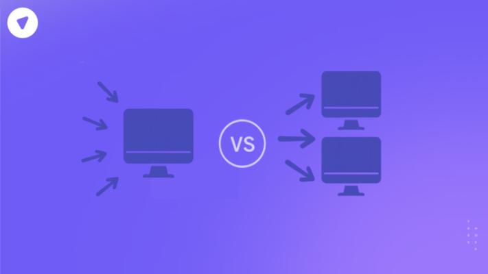 Minimalistic illustration comparing DoS vs DDoS attacks, showing a single-source attack on one server versus multiple-source attacks on multiple servers.