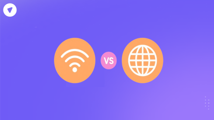 Minimalistic illustration showing wireless signal icon vs globe icon, representing wireless internet vs internet in a clean comparison style.