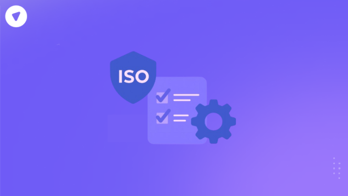 Minimalistic illustration representing ISO compliance with a shield, checklist, and gear icons on a purple background.