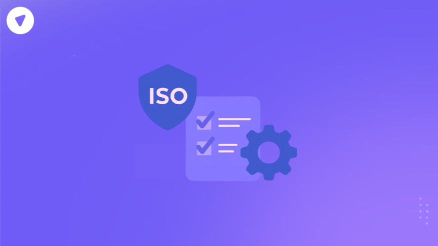 Minimalistic illustration representing ISO compliance with a shield, checklist, and gear icons on a purple background.