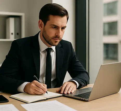 Man Noting Down in his Notebook by Observing Something from his Laptop
