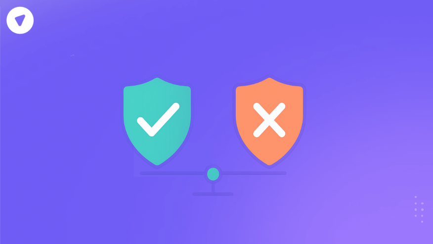 Minimalistic illustration showing compliance non compliance with shield icons, one marked with a check and the other with a cross.