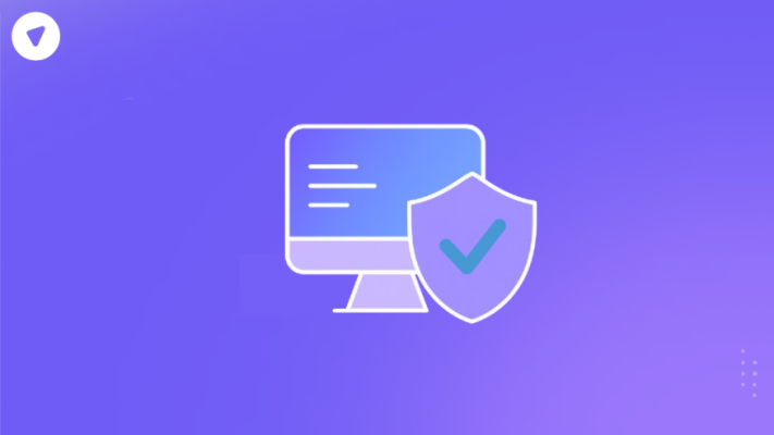 Minimalistic illustration showing a computer monitor with a shield and checkmark, symbolizing IT compliance and secure systems.