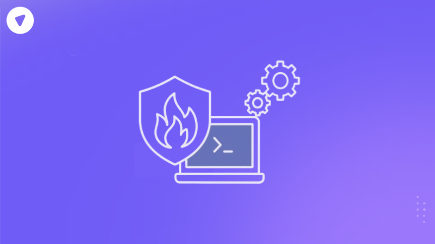 Minimalistic illustration of firepower threat defense showing a shield with a flame, laptop terminal, and gears representing firewall protection and system control.