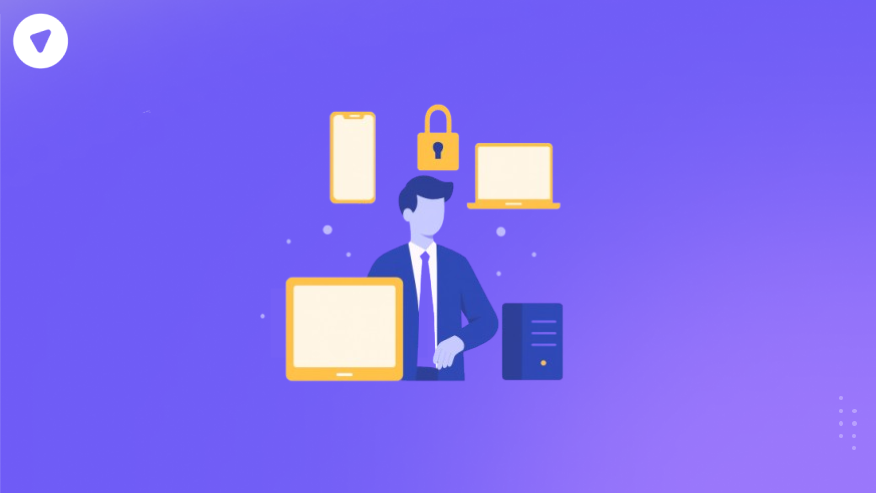 Minimalistic illustration of a business professional surrounded by devices and a lock, symbolizing security and connectivity in enterprise mobility management solutions.