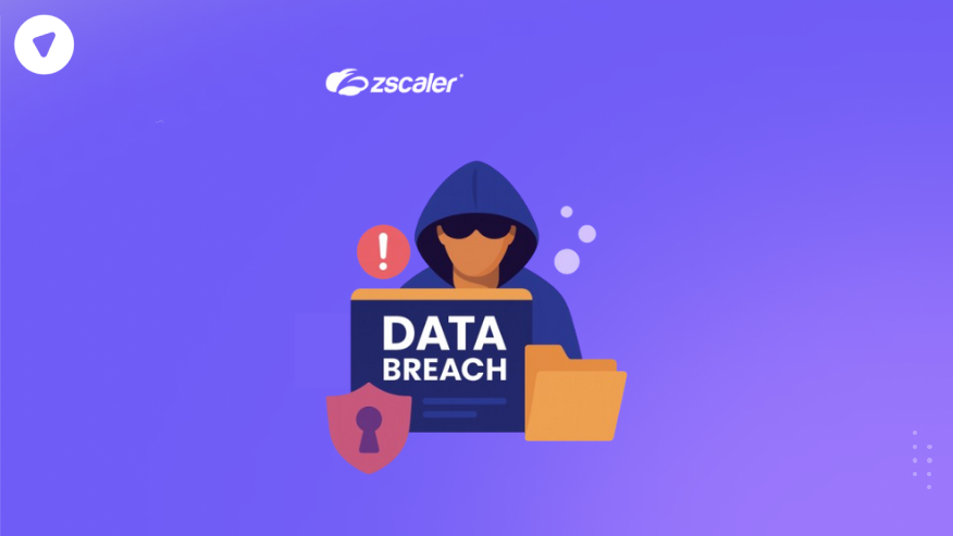 Illustration of hacker figure with Zscaler logo and shield symbolizing the Zscaler data breach, showing folders and security alert icons.