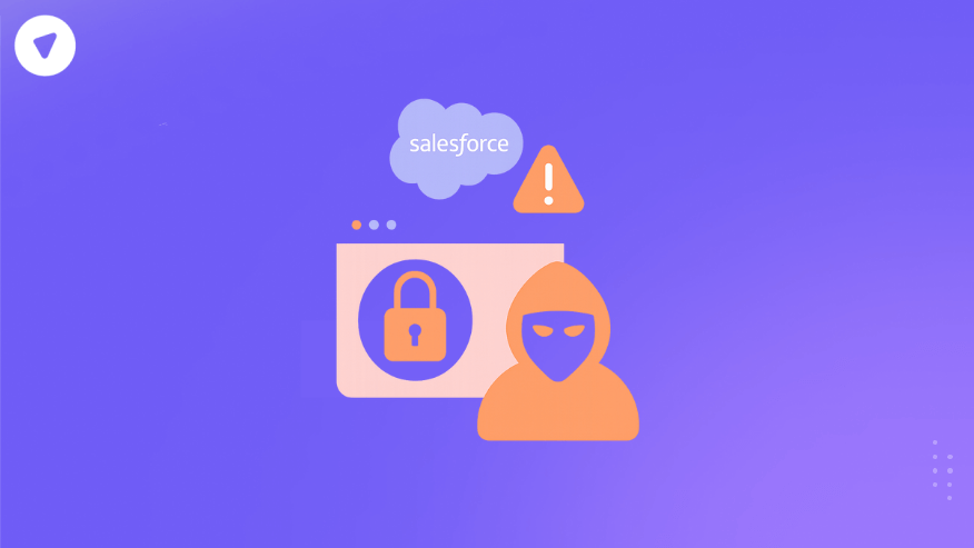 Illustration of a Salesforce instance compromised, showing hacker figure, lock icon, and Salesforce logo with warning sign.