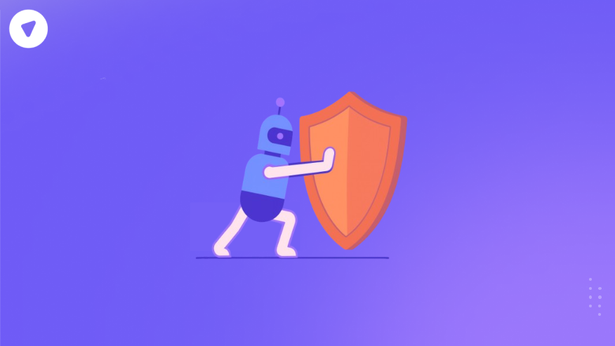 Illustration of a robot pushing a shield symbolizing defense against agentic AI threats in a purple gradient background.