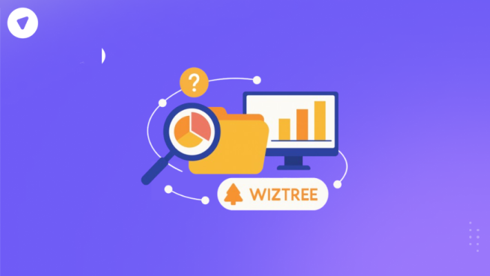 What is WizTree and how it works: magnifying glass, folder, analytics monitor, and logo in a clean purple-gold illustration.