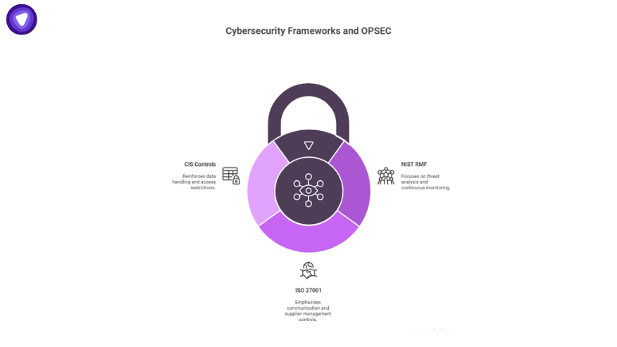 Diagram connecting CIS Controls, ISO 27001, and NIST RMF with OPSEC principles to visually explain What is OPSEC in cybersecurity frameworks.