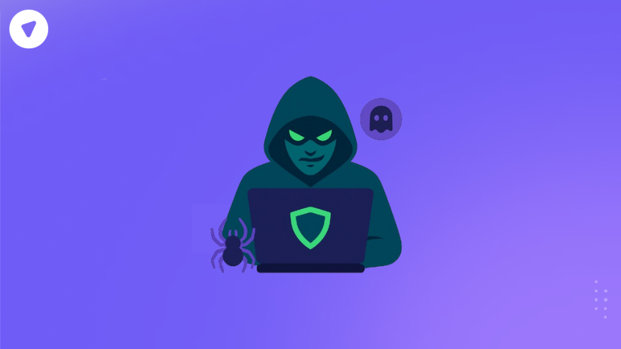 Illustration of a hacker in a hoodie using a laptop, symbolizing vidar malware activities such as stealing browser data, SaaS tokens, and crypto credentials.