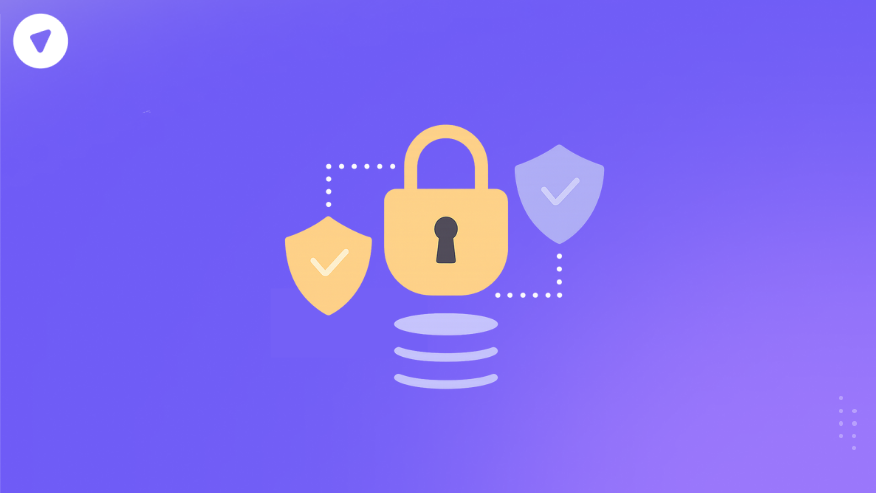 Minimalistic illustration showing a golden padlock and two shields connected by dotted lines, symbolizing secure data protection by Radius Global Solutions.