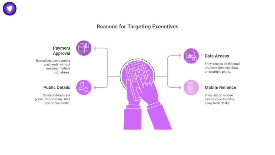 Illustration explaining reasons executives are targeted in Whaling phishing attacks, including payment approval, public details, data access, and mobile reliance.