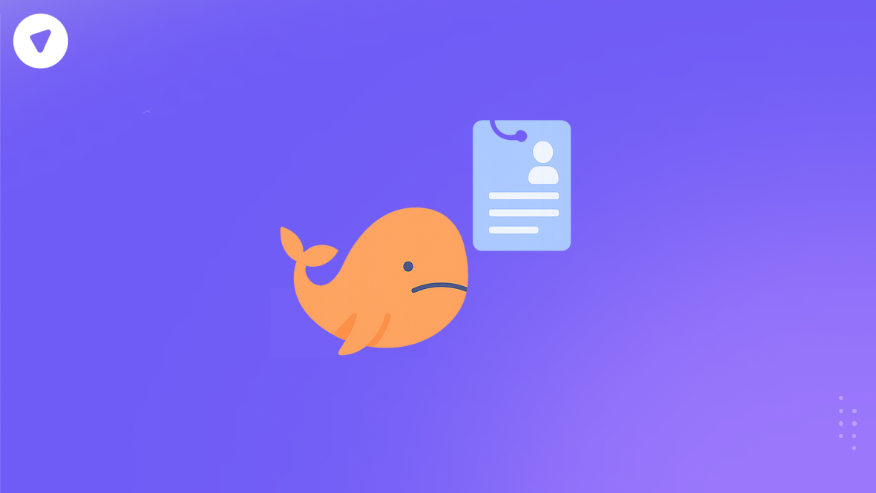 Minimal illustration of a small orange whale looking at a hooked ID badge, symbolizing a Whaling phishing attack targeting executives.