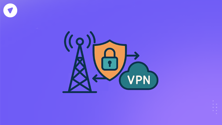 Minimalistic illustration showing telco VPN integration with a telecom tower, security shield, and cloud VPN icon.