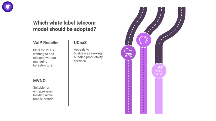 White label telecom models infographic comparing VoIP reseller, UCaaS, and MVNO pathways using road-style graphics and purple icons.