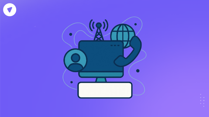 Minimalistic illustration showing white label telecom concept with icons of a globe, phone, tower, and user on a purple background.
