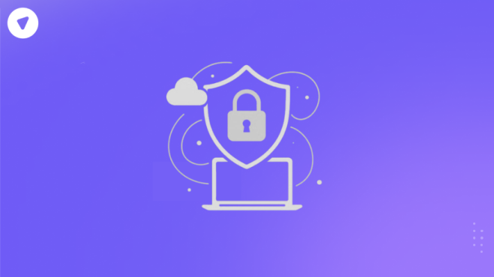 Minimalist illustration of ISP cybersecurity showing a secure shield with a padlock, cloud, and laptop on a gradient background.