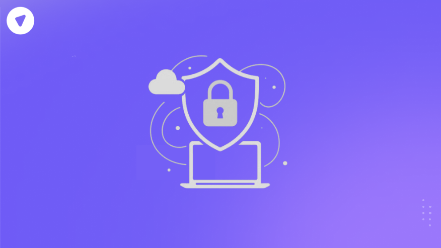 Minimalist illustration of ISP cybersecurity showing a secure shield with a padlock, cloud, and laptop on a gradient background.