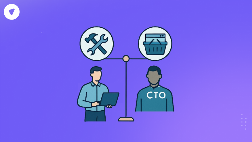 Minimalistic illustration showing a CTO comparing two paths — one with tools representing building and one with a shopping basket symbolizing buying — for a build vs buy software decision.