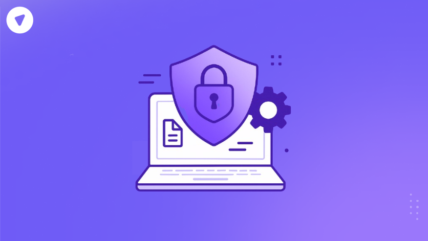 Minimalistic illustration showing a shield with a lock on a laptop and gear icon, representing white label cybersecurity protection and brand-controlled security solutions.